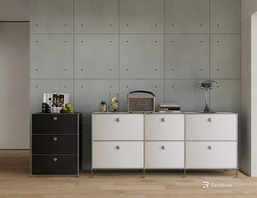 Modern TV Stand With Black And White Drawers And Decorative Items Against Gray Wall Interior 3d model 