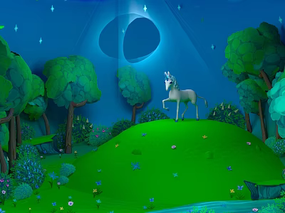 Cartoon Scene with Green Meadow Unicorn Standing Among Trees Blue Sky Moon and Stars 3d model