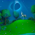 Cartoon Scene with Green Meadow Unicorn Standing Among Trees Blue Sky Moon and Stars