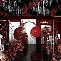 Elegant Modern Banquet Hall Interior With Red Black Decor Crystal Chandeliers And Floral Arrangements