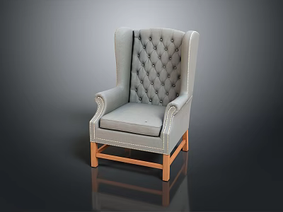 Gray Wingback Armchair With Tufted Backrest And Wooden Legs Classic Design 3d model