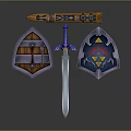 Decorative Weapons Collection With Blue Sword And Ornate Shields Featuring Colorful Emblems 3d model