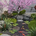 Outdoor Water Fountain With Pink Cherry Blossom Tree Stones Stream Koi Fish And Lotus Leaves