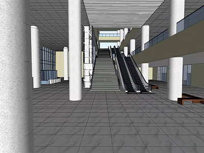 Spacious Shopping Mall Lobby With White Columns Escalators And Marble Floor 3d model