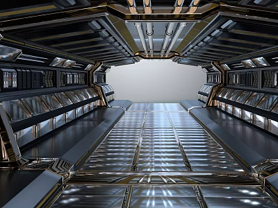 Futuristic Technological Metallic Corridor With Spacious Design And Illuminated Light Strips 3d model