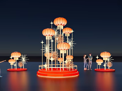 Lantern Shaped Art Installation With Orange Lanterns Red Base And Radiant Decorations In Night Sky 3d model