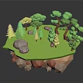 Low Poly Natural Scene With Green Grass Various Trees Gray Rocks And Brown Layers