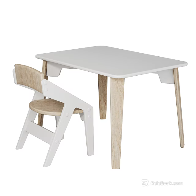 Simple Kids Desk with Matching Chair White Top and Wooden Legs Design 3d model 