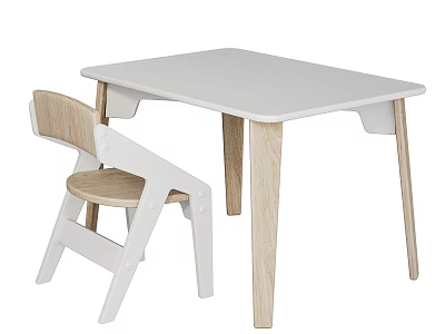 Simple Kids Desk with Matching Chair White Top and Wooden Legs Design 3d model
