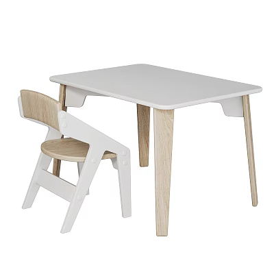Simple Kids Desk with Matching Chair White Top and Wooden Legs Design 3d model