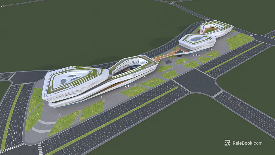 Modern Commercial Complex With Streamlined Design Green Roof Terraces And Urban Green Spaces 3d model 
