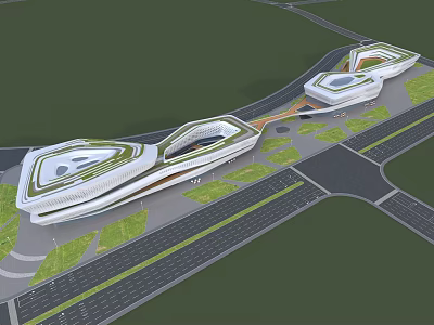 Modern Commercial Complex With Streamlined Design Green Roof Terraces And Urban Green Spaces 3d model