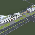 Modern Commercial Complex With Streamlined Design Green Roof Terraces And Urban Green Spaces