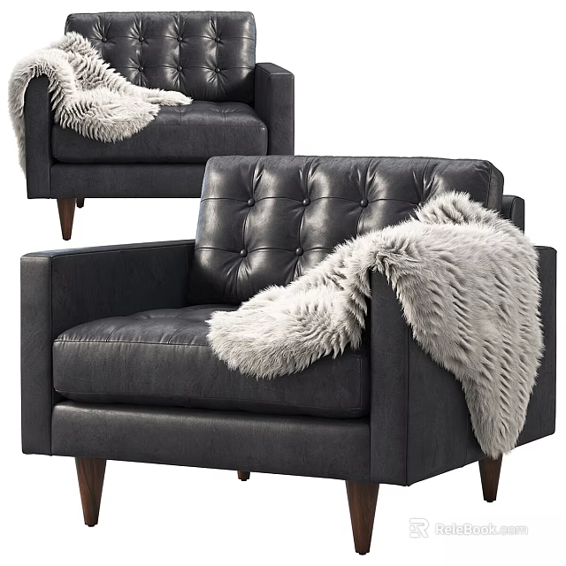 Stylish Black Leather Accent Chair with Tufted Back White Fur Throw and Wooden Legs 3d model 