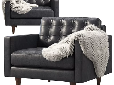 Stylish Black Leather Accent Chair with Tufted Back White Fur Throw and Wooden Legs 3d model