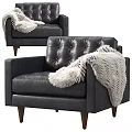 Stylish Black Leather Accent Chair with Tufted Back White Fur Throw and Wooden Legs