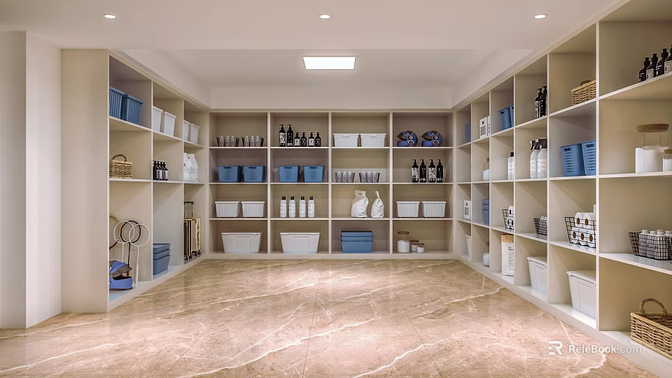 Organized Storage Room With Shelves Containing Baskets Bottles And Boxes On Marble Floor 3d model 