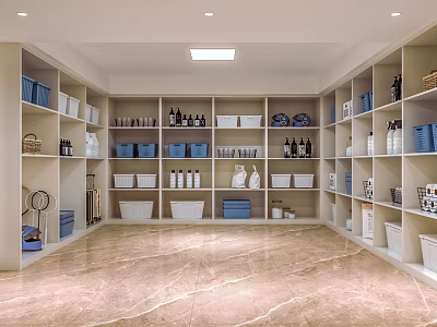 Organized Storage Room With Shelves Containing Baskets Bottles And Boxes On Marble Floor 3d model