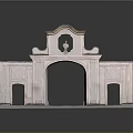 Classical Pink Arched Entrance Gate With Symmetrical Decorations And Pedestal Base