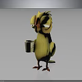 3D Cartoon Yellow Bird Character Holding White Cup With Sleepy Expression 3d model
