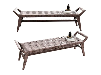 Woven Dark Brown Ottoman with Wooden Frame and Small Decorative Objects for Living Room 3d model