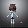 Cartoon Character With Brown Hair Red Bow Blue Outfit And Red Schoolbag In Green Sneakers