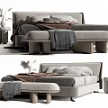 Modern Upholstered Double Bed with Bedside Table Vase Bench Blanket and Pillows