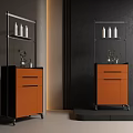 Stylish Orange Cabinets With Metal Shelves White Bottles Green Plants And Dark Wall