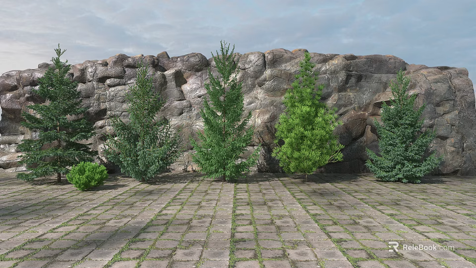 Trees In Front Of Rocky Background With Paved Ground And Small Shrubs 3d model 