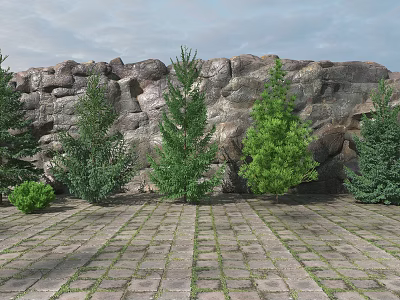 Trees In Front Of Rocky Background With Paved Ground And Small Shrubs 3d model