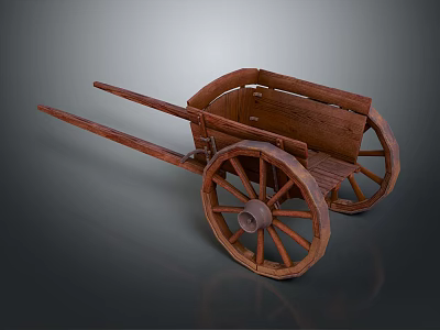 Vintage Wooden Handcart With Large Spoked Wheels Wooden Frame And Shafts 3d model