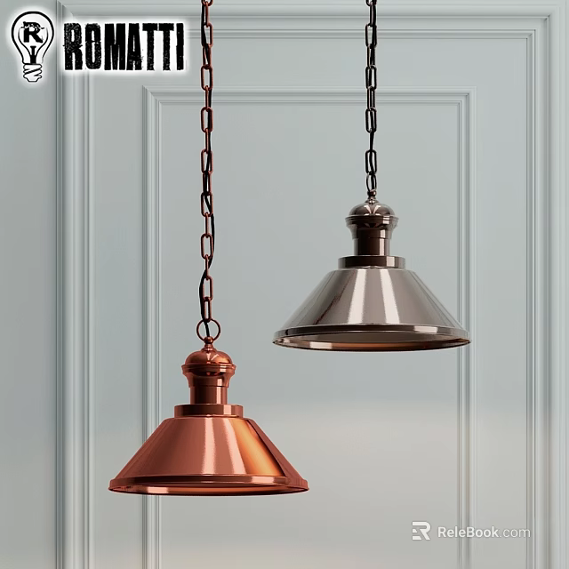 Copper and Bronze Cone Shaped Chandeliers Hanging with Chains Against Light Colored Wall 3d model 