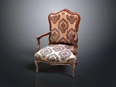 Classic Carved Wooden Single Sofa With Patterned Beige Brown Fabric Upholstery And Ornate Armrests 3d model