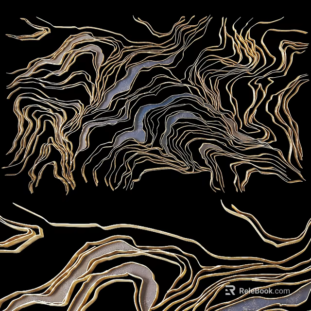 Abstract Modern Wall Decor With Golden Blue Wavy Lines Design on Black Background 3d model 