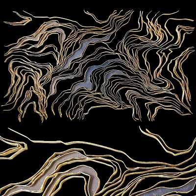 Abstract Modern Wall Decor With Golden Blue Wavy Lines Design on Black Background 3d model