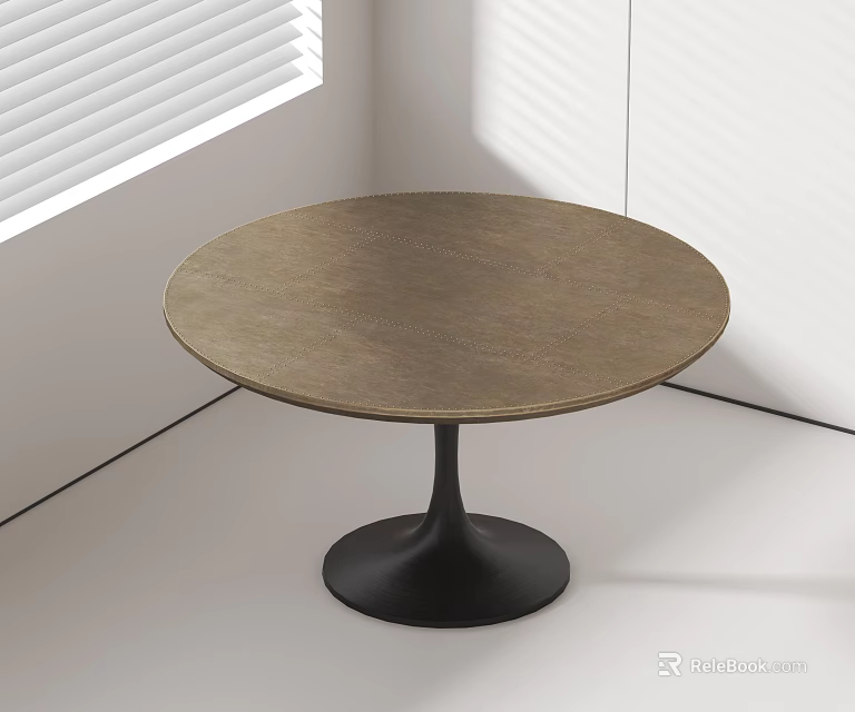 Round Wooden Dining Table With Brown Tabletop Black Pedestal Base And White Walls Window Blinds 3d model 