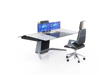 Modern Office Desk With Dual Computer Monitors Ergonomic Chair And Spacious Workstation 3d model