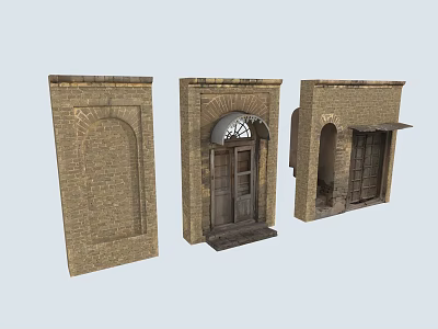 Vintage Brick Architectural Elements with Arched Designs and Wooden Doors in Different Structures 3d model