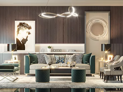 Modern Light Luxury Living Room Featuring Stylish Sofa Wall Art And Creative Hanging Lamp 3d model