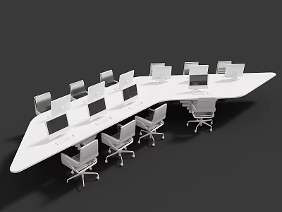 Modern White Conference Table with Multiple Office Chairs and Laptops for Meeting Space 3d model