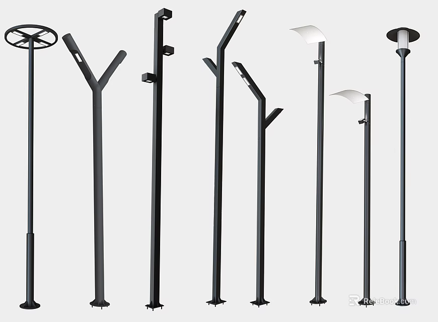 Various Modern Black Outdoor Lighting Fixtures with Different Pole Designs for Exterior Decoration 3d model 