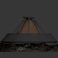 Modern Fireplace Design With Conical Top Copper Strips And Textured Wooden Base