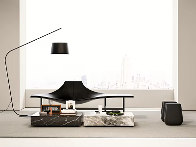 Modern Black Lounge Chair In Interior With Floor Lamp Marble Table And City View 3d model