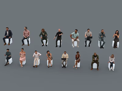 Group of People Sitting on Chairs with Various Poses Different Clothing Styles Against Gray Background 3d model