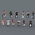 Group of People Sitting on Chairs with Various Poses Different Clothing Styles Against Gray Background