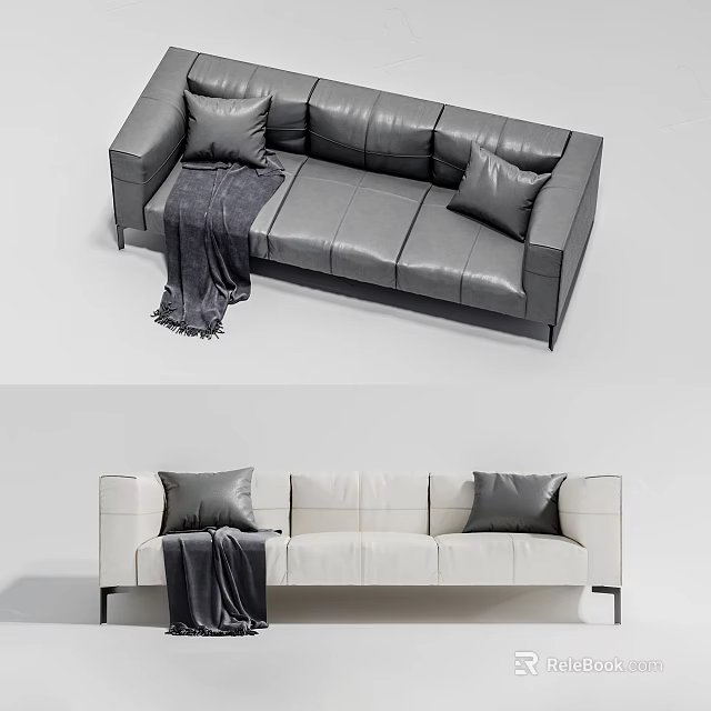 Gray Leather Sectional Sofa With Pillows Throw Blanket And Beige Design 3d model