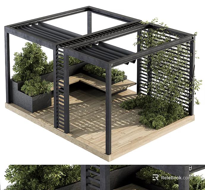 Vines Growing On Black Metal Pergola With Wooden Deck And Lush Greenery 3d model 