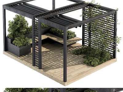 Vines Growing On Black Metal Pergola With Wooden Deck And Lush Greenery 3d model