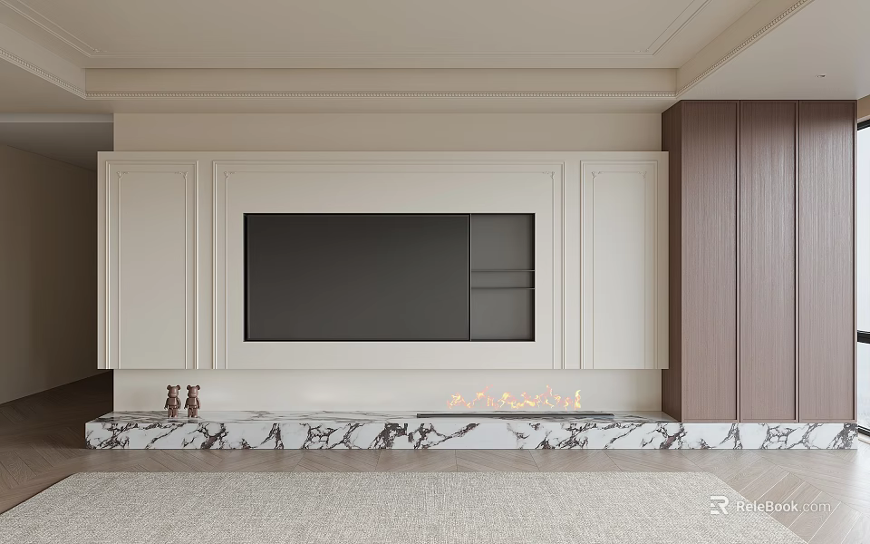 Modern TV Wall Design with White and Dark Wooden Cabinets Black TV and Marble Base 3d model 
