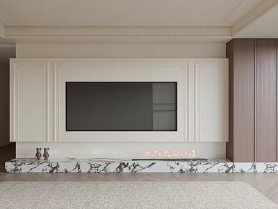 Modern TV Wall Design with White and Dark Wooden Cabinets Black TV and Marble Base 3d model